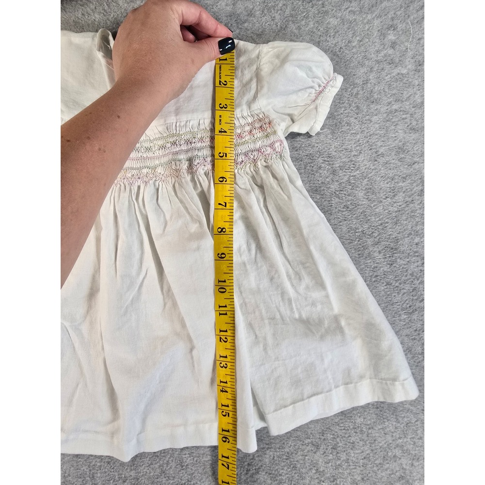Vintage Hand Smocked Baby Dress White Cotton Pastel Embroidery Short Sleeve 3-6m - Picture 7 of 9